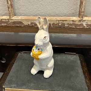 Vintage Chalkware Rabbit with Basket of Colorful Eggs, 6" Tall Figurine